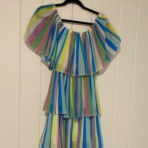 Rainbow off the shoulder midi dress